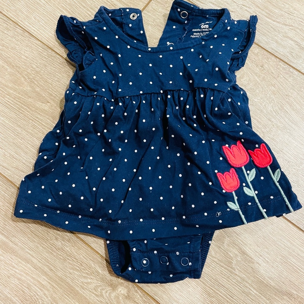 Carters 6 months navy polka dot with tulips one piece